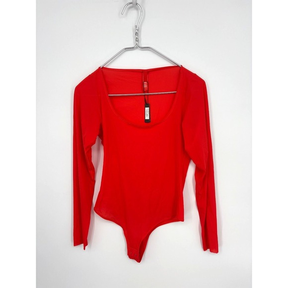 Skims Bodysuit Womens XL Red Poppy Long Sleeve Jelly Sheer Thong Stretch - Picture 1 of 8